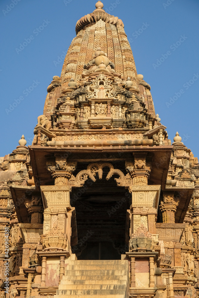 The Kandariya Mahadev Temple in Khajuraho, Madhya Pradesh, India. Forms part of the Khajuraho Group of Monuments, a UNESCO World Heritage Site.