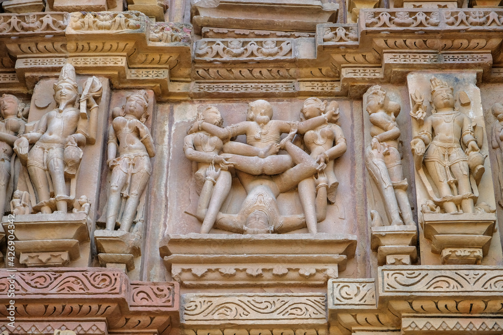 Detail of the Kandariya Mahadev Temple in Khajuraho, Madhya Pradesh, India. Forms part of the Khajuraho Group of Monuments, a UNESCO World Heritage Site.