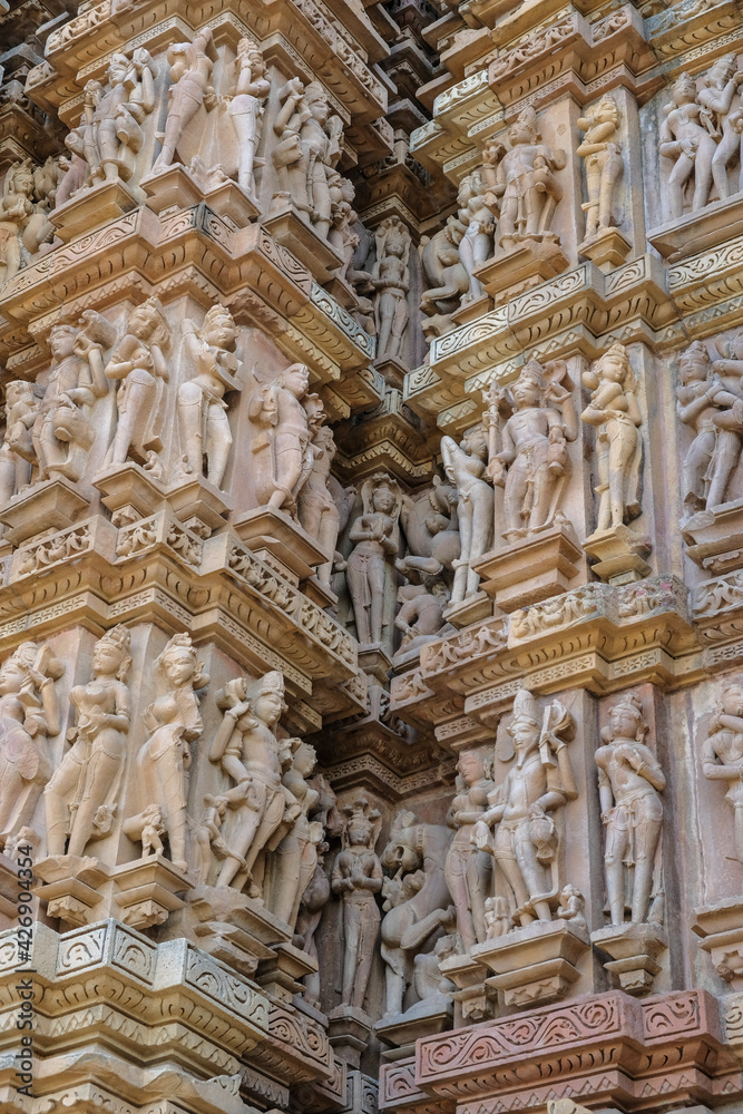 Detail of the Kandariya Mahadev Temple in Khajuraho, Madhya Pradesh, India. Forms part of the Khajuraho Group of Monuments, a UNESCO World Heritage Site.