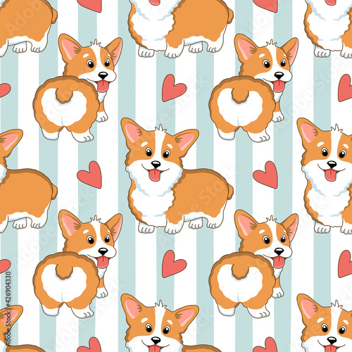 Seamless pattern with cute cartoon lovely corgi dogs and hearts.Vector illustration.