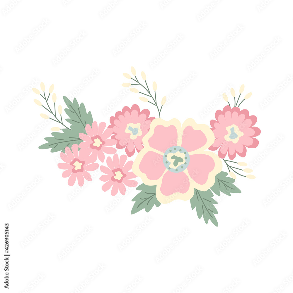 Vector flowers bouquet isolates on a white background. Pastel colors floral illustration in cartoon flat style