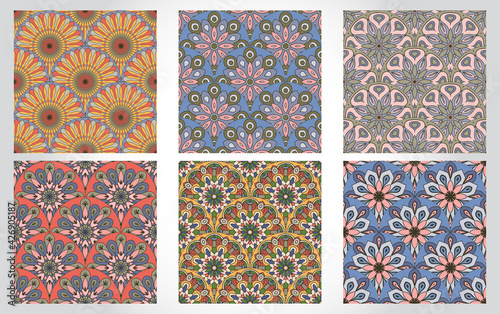 Set of abstract seamless pattern with mandala flowers. Mosaic, tile, polka dot collection of floral backgrounds.