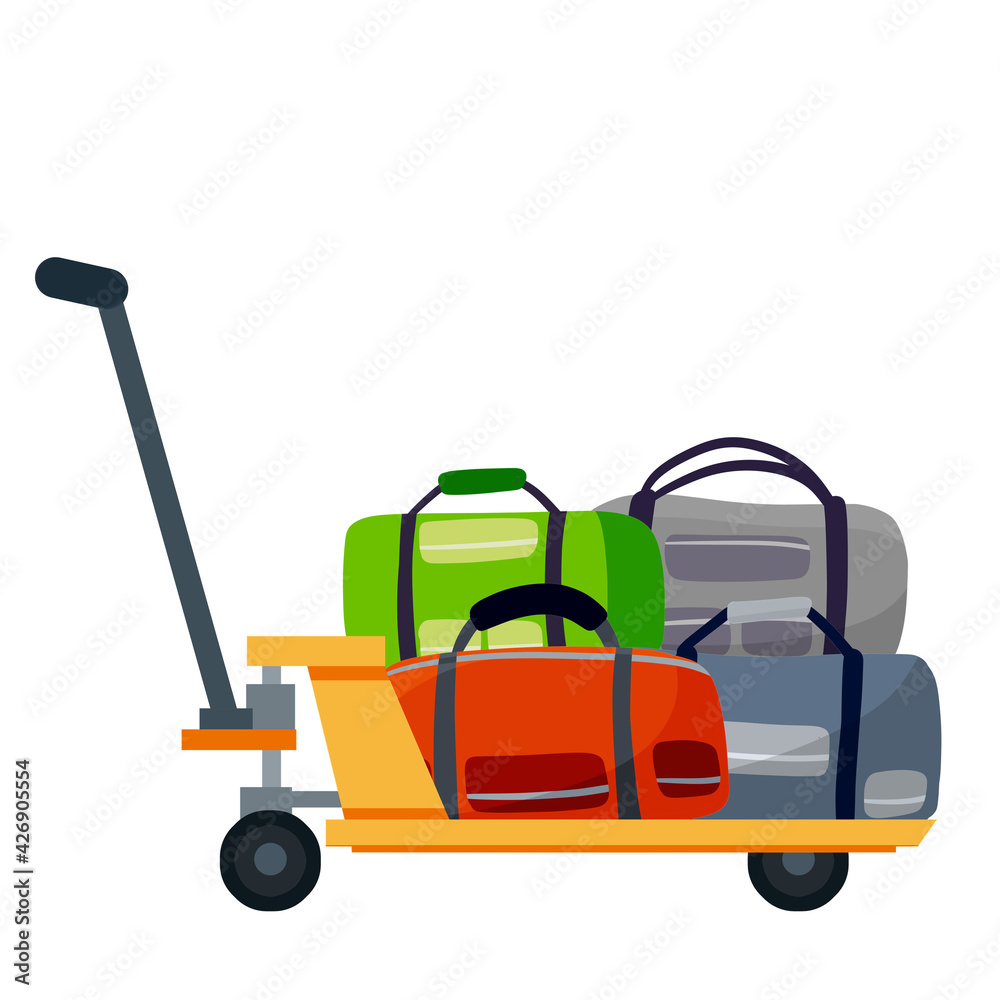 Platform trolley and Handcart with bag. Stack of cargo and goods. Logistics and transportation. Hand cart. Flat cartoon isolated on white
