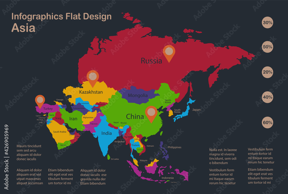 Infographics Asia map, flat design colors, with names of individual ...