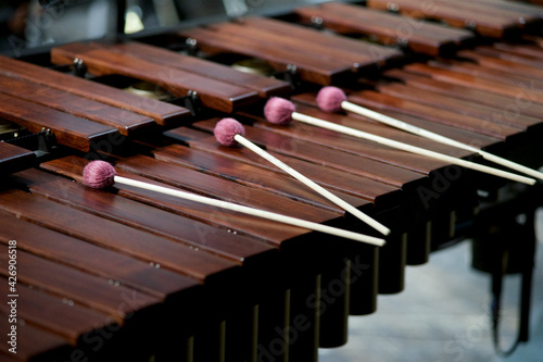 concert band rehearsal and performance on stage. 