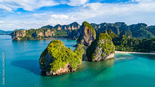 Railay beach in Thailand, Krabi province, aerial view of tropical Railay and Pranang beaches and coastline of Andaman sea from above photo