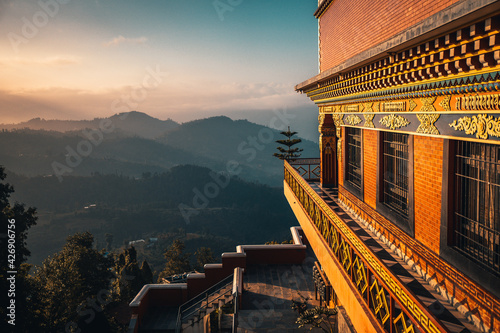 Sunset above valley Buddhist monastery Nepal in the Himalaya mountains
