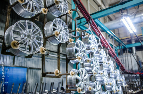 Industrial zone. Production workshop with special equipment. Production of the alloy wheels