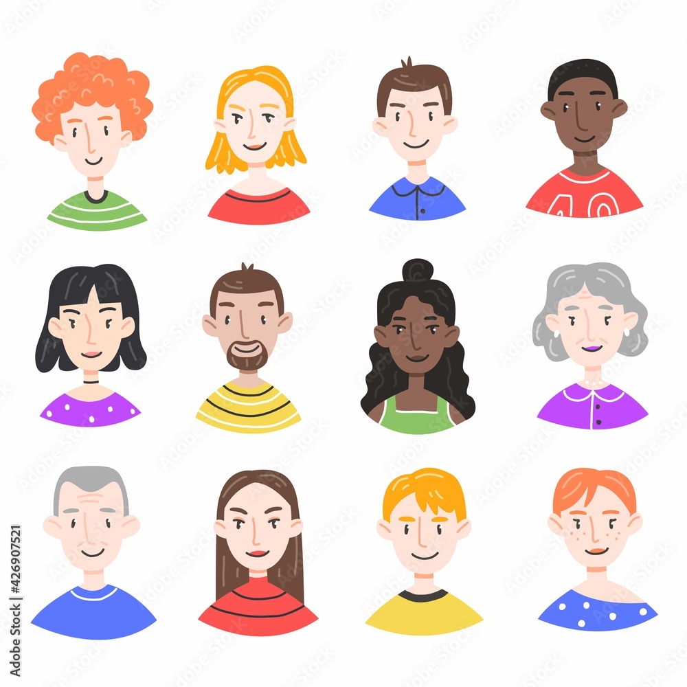 Set with portraits of different people in a cute cartoon style isolated on white background. Collection of people avatars. Female and male faces. Vector illustration. Set with portraits of different people in a cute cartoon style isolated on white background. Collection of people avatars. Female and male faces. Vector illustration.