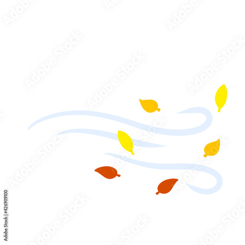 Autumn Wind. Stream of air with red and yellow leaves. Blue wavy line. Breeze and weather icon. Leaf fall. Flat illustration