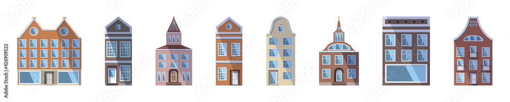 Long set of European colored old houses, shops and factories in the traditional Dutch town style. Vector illustration in the flat style isolated on a white background. Design elements for a banner.