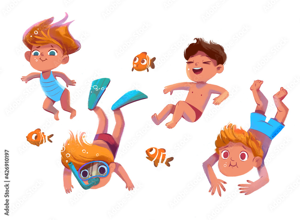 Children are engaged in diving. Illustration isolated on white background Children are engaged in diving. Illustration isolated on white background