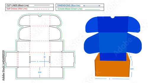 Roll End Front Tuck (REFT) Corrugated mailer box or shipping box dieline template and 3D render file photo