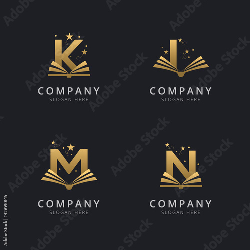 Letter K L M and N gold with abstract book logo template