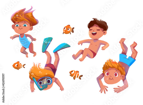 Children are engaged in diving. Illustration isolated on white background
