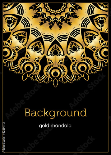 Gold mandala poster, cover, card, invitation with black background. Identity for yoga studio, meditation class, lounge cafe. Luxury gold vector elements. A4 format easy resizable beautiful template