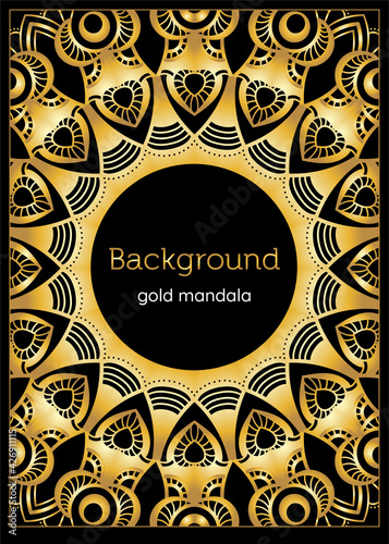 Gold mandala poster, cover, card, invitation with black background. Identity for yoga studio, meditation class, lounge cafe. Luxury gold vector elements. A4 format easy resizable beautiful template