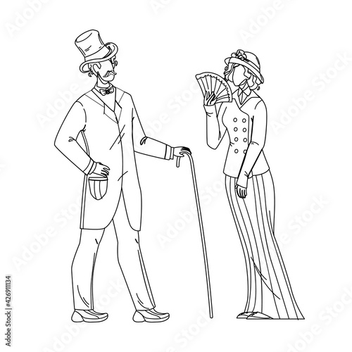 1900 Victorian People Lady And Gentleman Black Line Pencil Drawing Vector. Victorian Style Couple Man With Cane And Woman With Fan In Retro Clothes. Characters Elegant Vintage Clothing Illustration