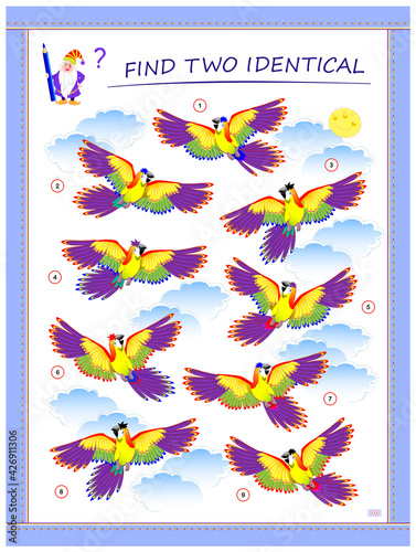 Logic puzzle game for children and adults. Find two identical parrots. Memory exercises for seniors. Printable page for kids brain teaser book. Developing spatial thinking. IQ test. Play online.