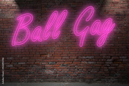 Neon BDSM Ball Gag lettering on Brick Wall at night
