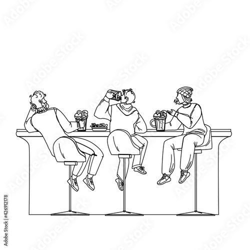 Men Drink Beer And Talk In Alcohol Bar Black Line Pencil Drawing Vector. Young Guys Drinking Alcoholic Brewed Beverage, Eating Snack And Discussing Together At Bar Counter. Characters In Pub