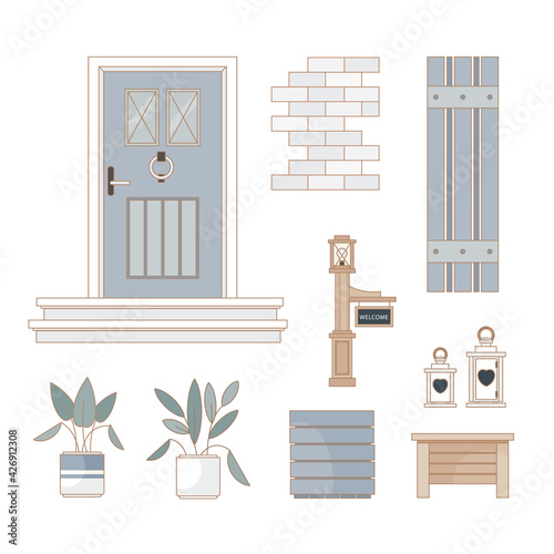 Front Porch with flower pots and lanterns set on white background