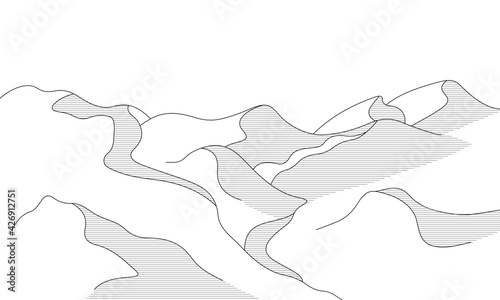 Black line drawing of sand dunes, desert vector landscape