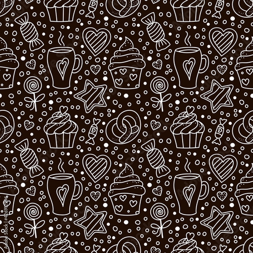 Holiday Pastry, Dessert Doodle vector seamless pattern. Sweet Food and Cup of Coffee. Cupcakes, Candies, Cookies, Hearts. Tea Party background for cafe menu, scrapbooking, wrapping, package paper