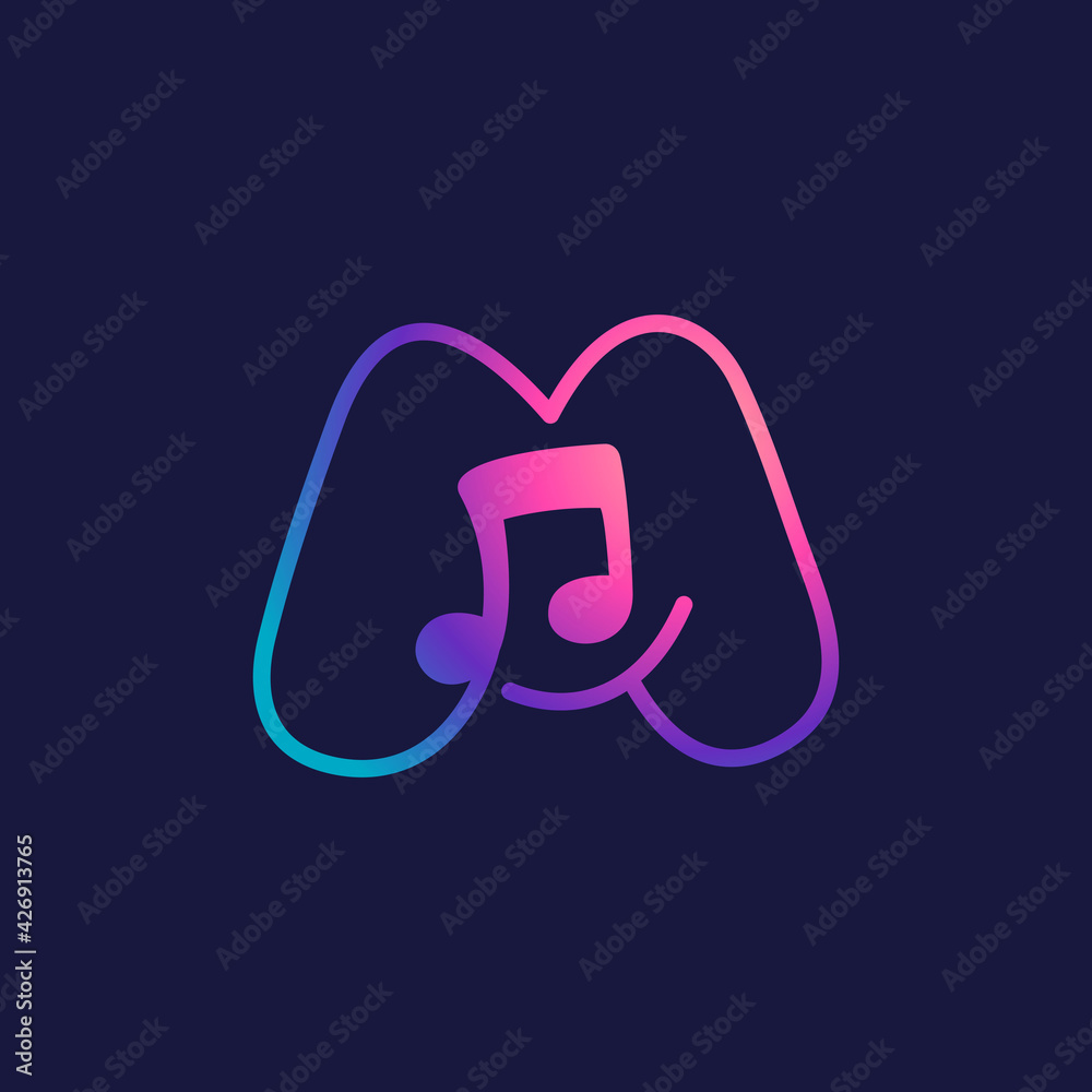 Letter M logo with musical note. Letter M logo with musical note.