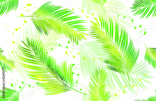  Yellow-green palm leaves with watercolor texture. Seamless pattern for web design, textiles, wrapping paper, greeting card. Vector. © Logvin art
