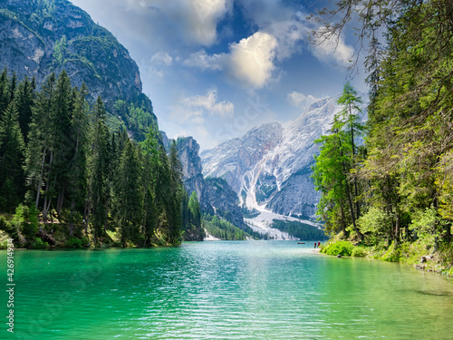 Landscape of Lake Braies in Tyrol © Nikokvfrmoto