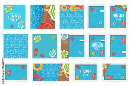 Set of 14 Summer Background poster template with swimming pool, lifebuoy, water mattress, umbrellas