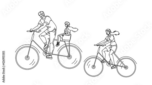 Bicyclists Family Riding Together In Park Black Line Pencil Drawing Vector. Bicyclists Mother And Father With Daughter Ride Bicycles. Characters Cyclists On Bikes Active Sport Weekend Time