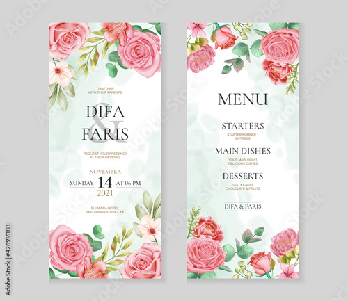 Beautiful wedding invitation card template with watercolor rose flower frame
