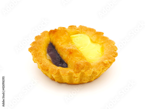Custard and jam tart isolated on white background