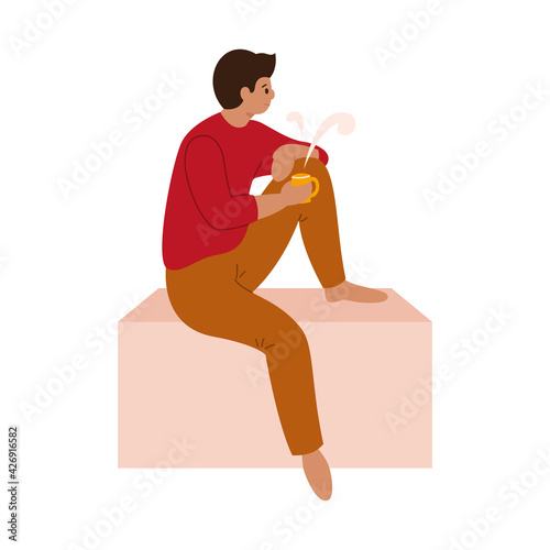 A man is drinking tea while holding a cup of hot beverage. Vector flat design illustration isolated on white background