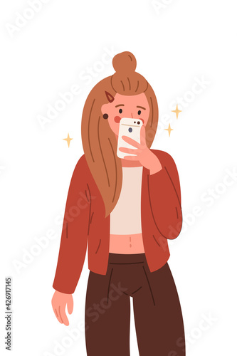 Girl taking a selfie. Vector flat cartoon illustration on white background