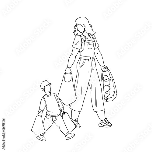 Children Etiquette Help To Adult Carry Bags Black Line Pencil Drawing Vector. Children Etiquette And Good Manners, Boy Son Helping Mother Woman Carrying Products Food. Characters Kid With Parent