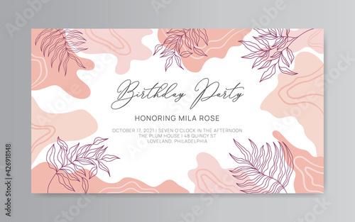 Birthday party banner template with abstract shapes and leaves