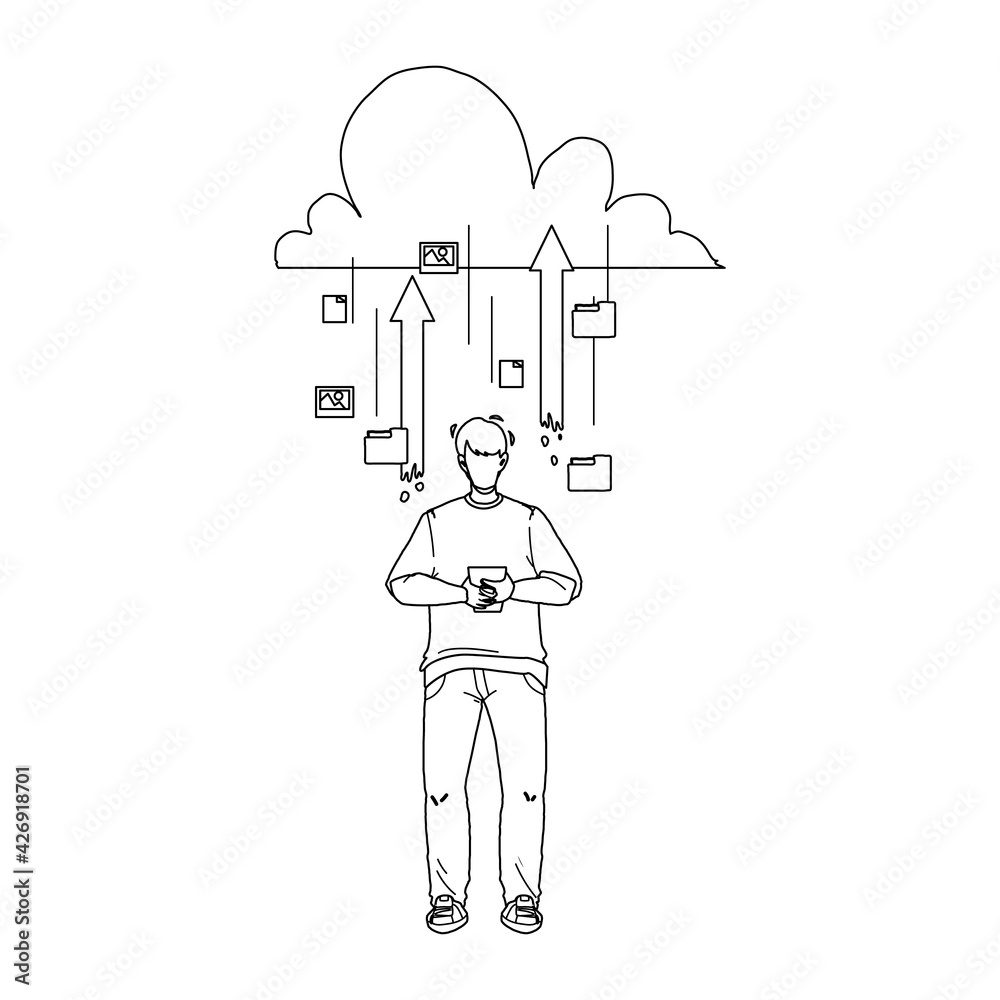 Cloud Storage Service For Save Information Black Line Pencil Drawing Vector. Cloud Storage Mobile Technology For Storaging Photo And Video Media Files, Electronic Documents And Messages. Character Cloud Storage Service For Save Information Black Line Pencil Drawing Vector. Cloud Storage Mobile Technology For Storaging Photo And Video Media Files, Electronic Documents And Messages. Character