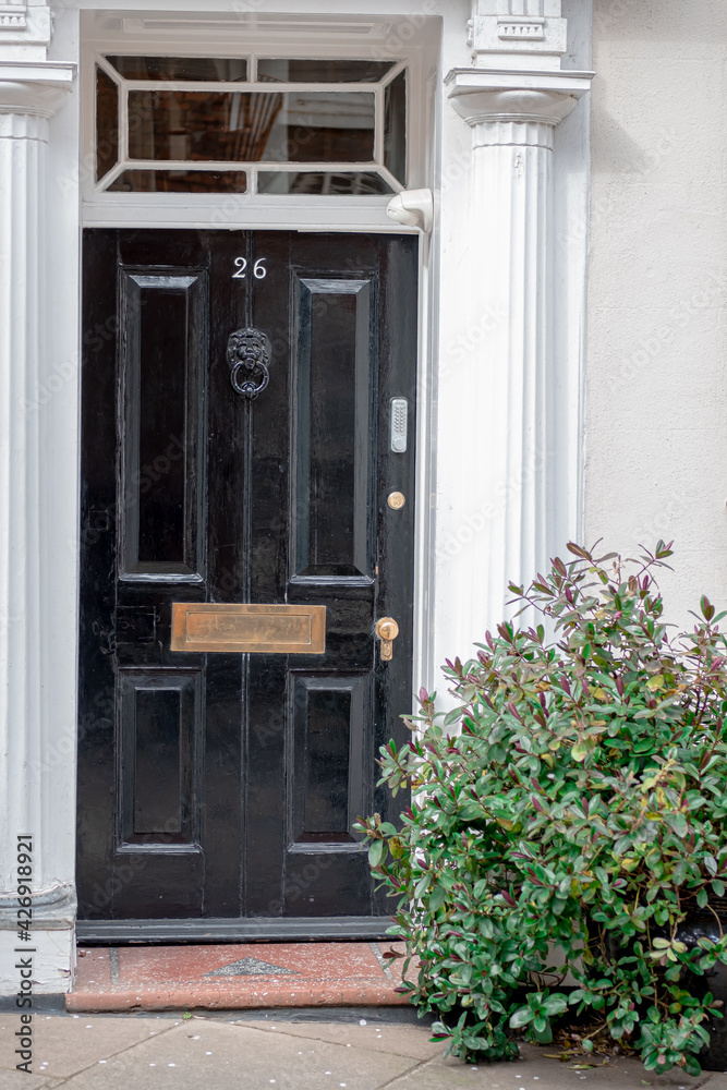 The grand entrance with a black door, stone pillars and a green bush The grand entrance with a black door, stone pillars and a green bush