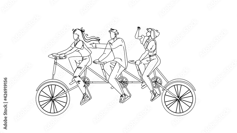 Obraz premium Collective Boy And Girls Riding Tandem Black Line Pencil Drawing Vector. Collective Black Line Pencil Drawing Vector. Collective Team Ride Bicycle Together. Characters Successful Teamwork Progress And