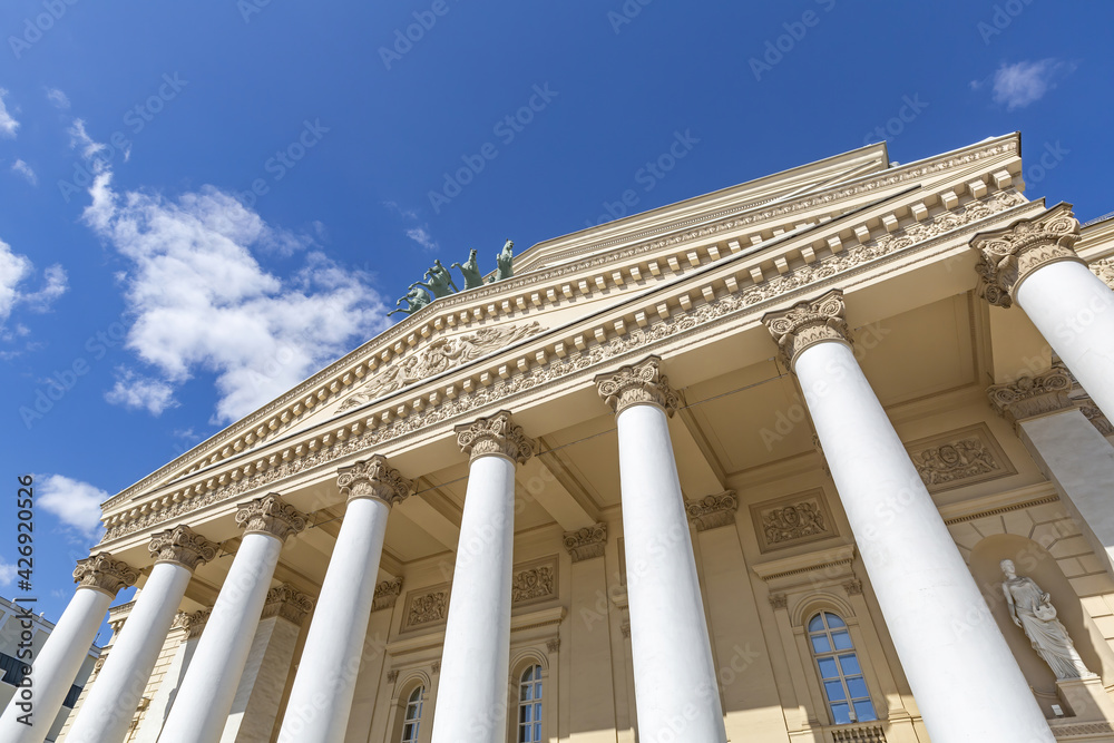 Exterior of the historic building of the Bolshoi Theater in Moscow. Founded in 1776. Symbol of Russia for all time