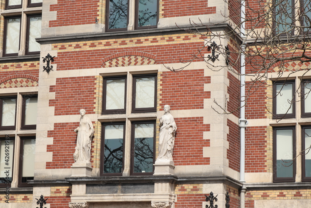Amsterdam Rijksmuseum Building Facade Detail with Two Sculptures, Holland