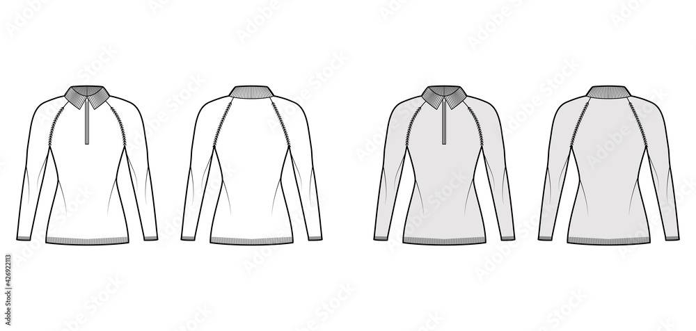 Zip-up Sweater technical fashion illustration with henley neck, long raglan sleeves, fitted body, hip length, knit trim. Flat apparel front, back, white grey color style. Women, men unisex CAD mockup Zip-up Sweater technical fashion illustration with henley neck, long raglan sleeves, fitted body, hip length, knit trim. Flat apparel front, back, white grey color style. Women, men unisex CAD mockup