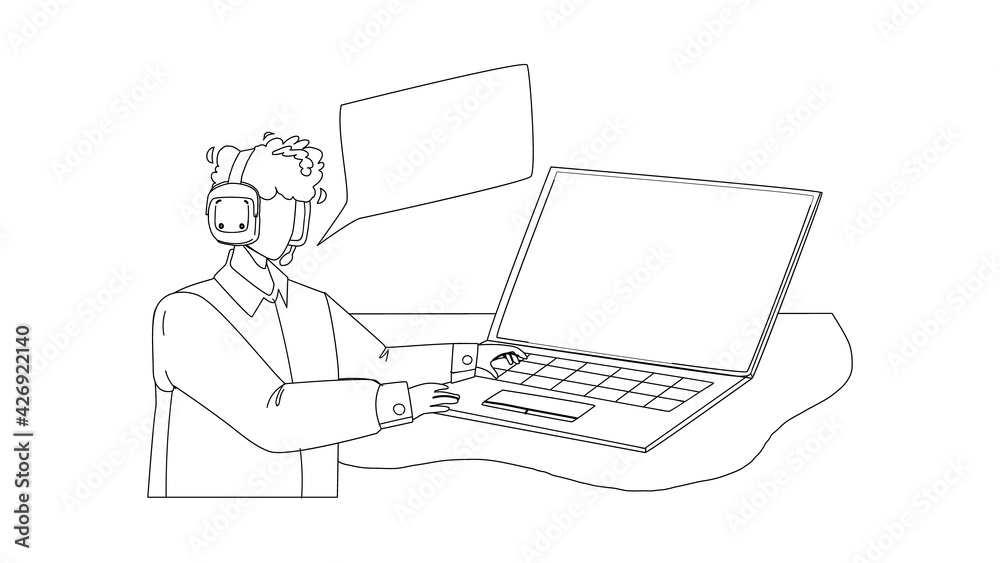 Dispatcher Speaking With Client At Computer Black Line Pencil Drawing Vector. Dispatcher Giving Instruction And Talking With Customer Through Video Call. Characters Digital Technical Support