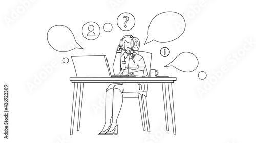 Call Center Dispatcher Working At Table Black Line Pencil Drawing Vector. Young Woman Dispatcher With Headphones Device Work At Office Computer. Character Operator Dispatch Terminal Worker