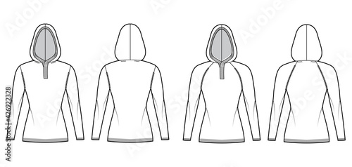 Set of Hooded Sweaters technical fashion illustration with henley neck, long raglan sleeves, slim fit, hip length, knit rib trim. Flat apparel front, back, white color. Women, men unisex CAD mockup