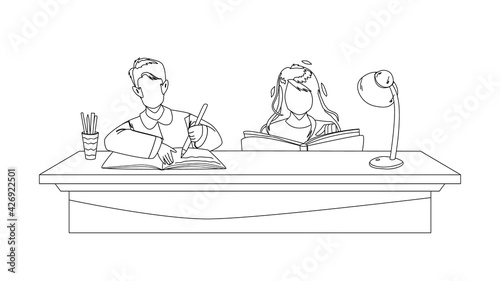 Pupils Doing Homework Together At Table Black Line Pencil Drawing Vector. Boy And Girl Doing Homework At Desk. Characters Reading Book And Writing Home Work Togetherness, Education Time Illustration