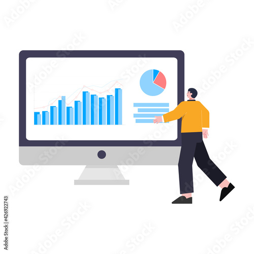 illustration of a man building a statistical data with a ven diagram and graph table
